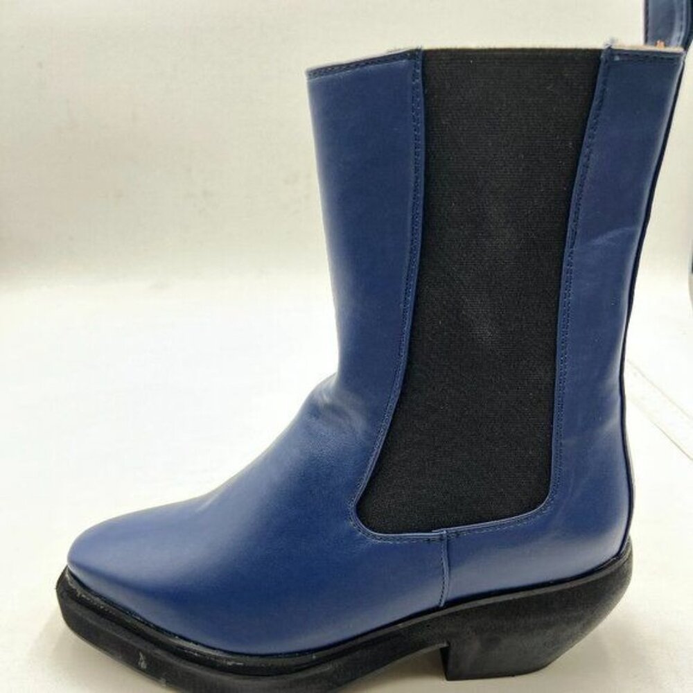 Blue Women Retro Square Toe Stretchy Pull on Ankle Boots Block Low Heel Booties